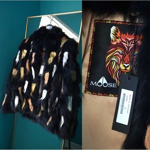 NWT🔖Moose Knuckles Joliette Black Fox Fur Jacket Black Metallic Painted Panels